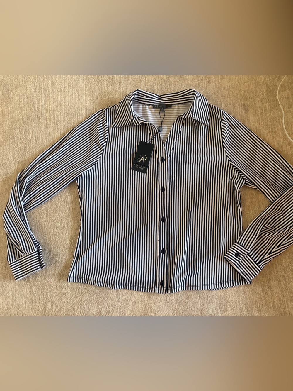 Adrianna Papell Navy & White Striped Button-Up Top NWT Size M